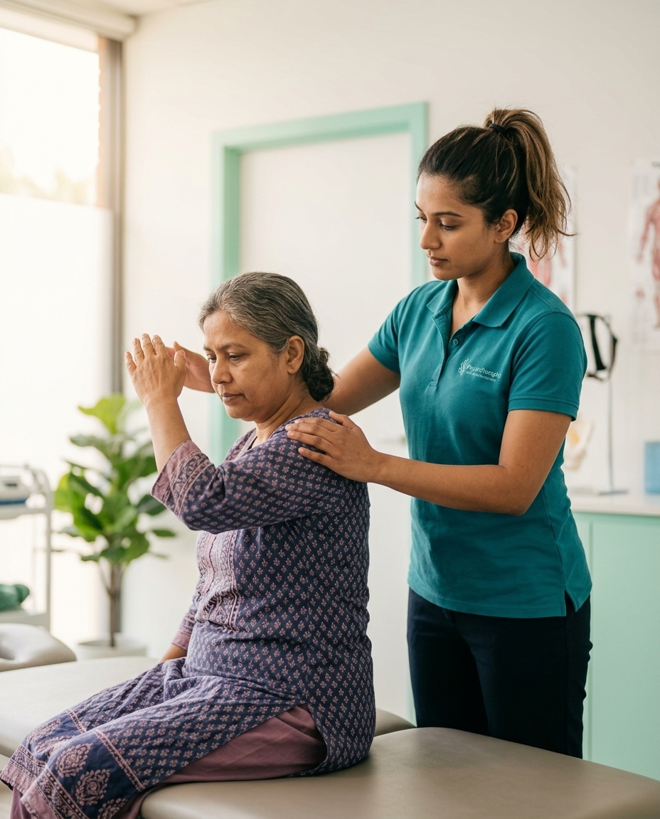 A physiotherapist guiding a patient through a shoulder exercise at PTRC in Uttara