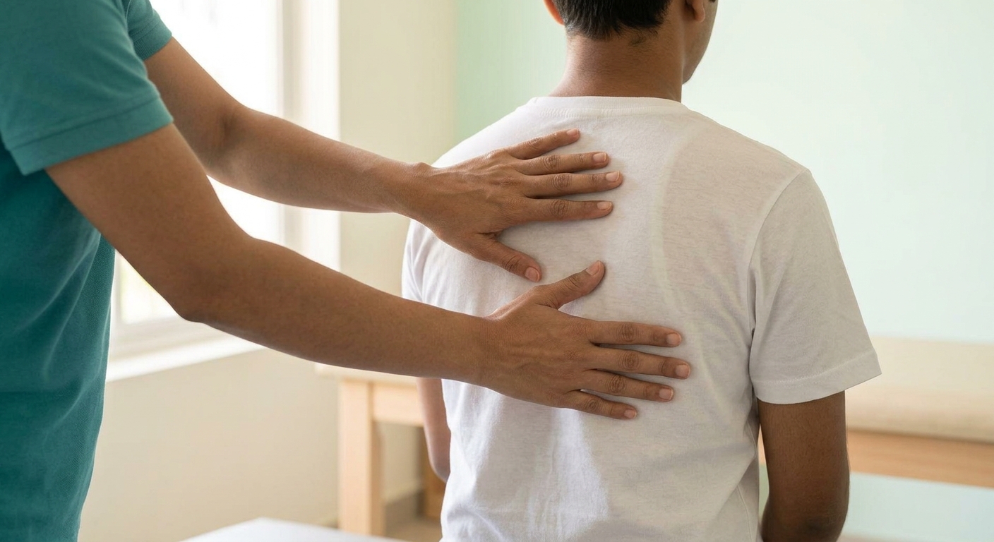 A physiotherapist placing hands on a seated patient's upper back to guide a breathing exercise