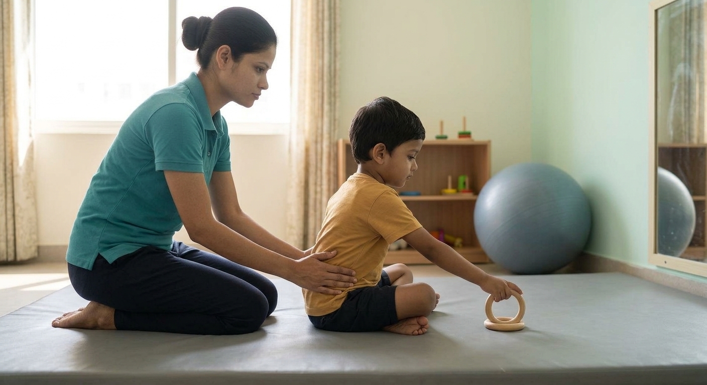 A physiotherapist supporting a young child during a therapy session