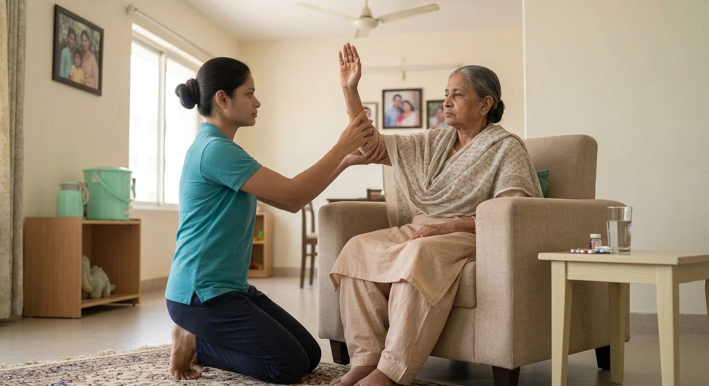 A physiotherapist guiding an elderly patient through an exercise at home