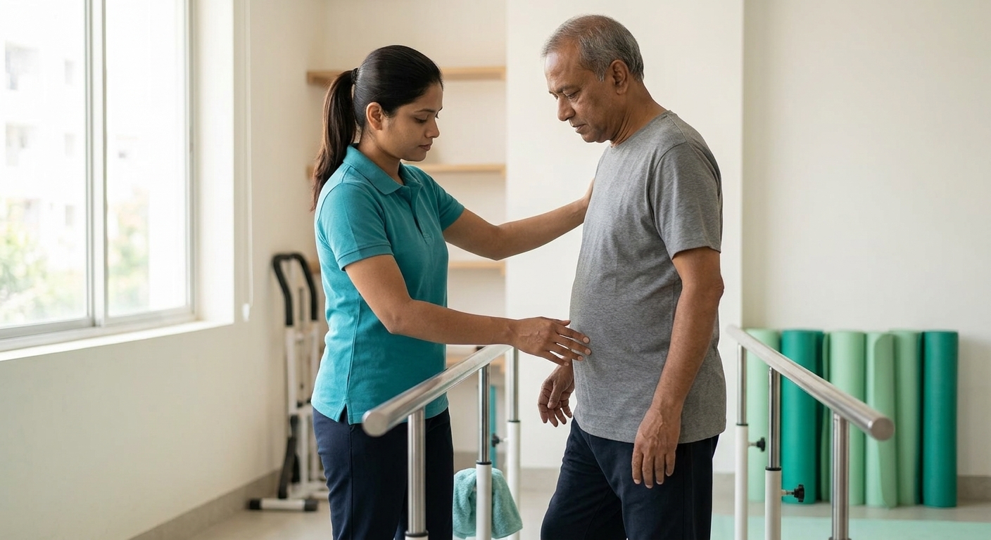 A physiotherapist supporting a stroke patient walking between parallel bars
