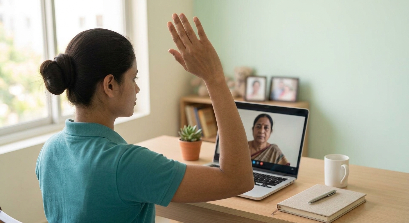 A physiotherapist demonstrating a stretch during an online consultation