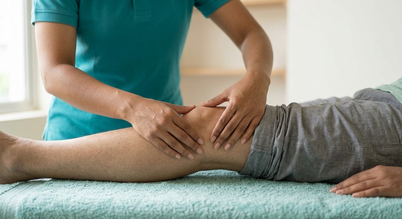 A physiotherapist assessing a patient's knee joint
