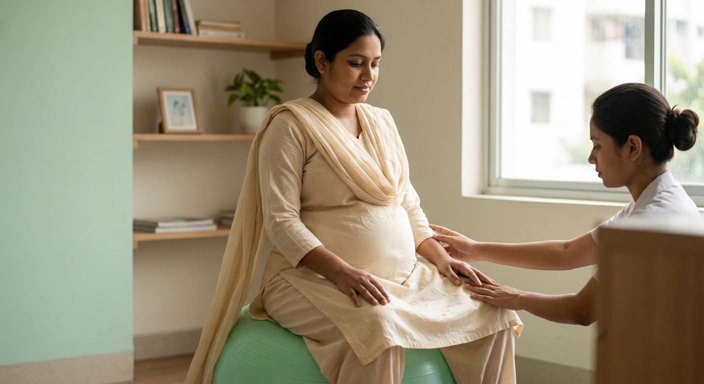 A physiotherapist supporting a pregnant patient during an antenatal session at PTRC